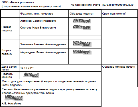 образец карточки подписи в банк